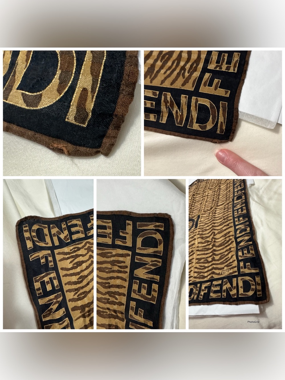 Fendi AUTHENTIC Vintage Logo FF Monogram Brown Black Zebra Small Scarf - Picture 15 of 16